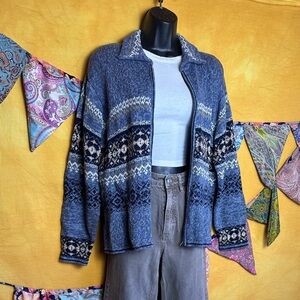 Tiara Blue Patterned Zip Sweater Cardigan